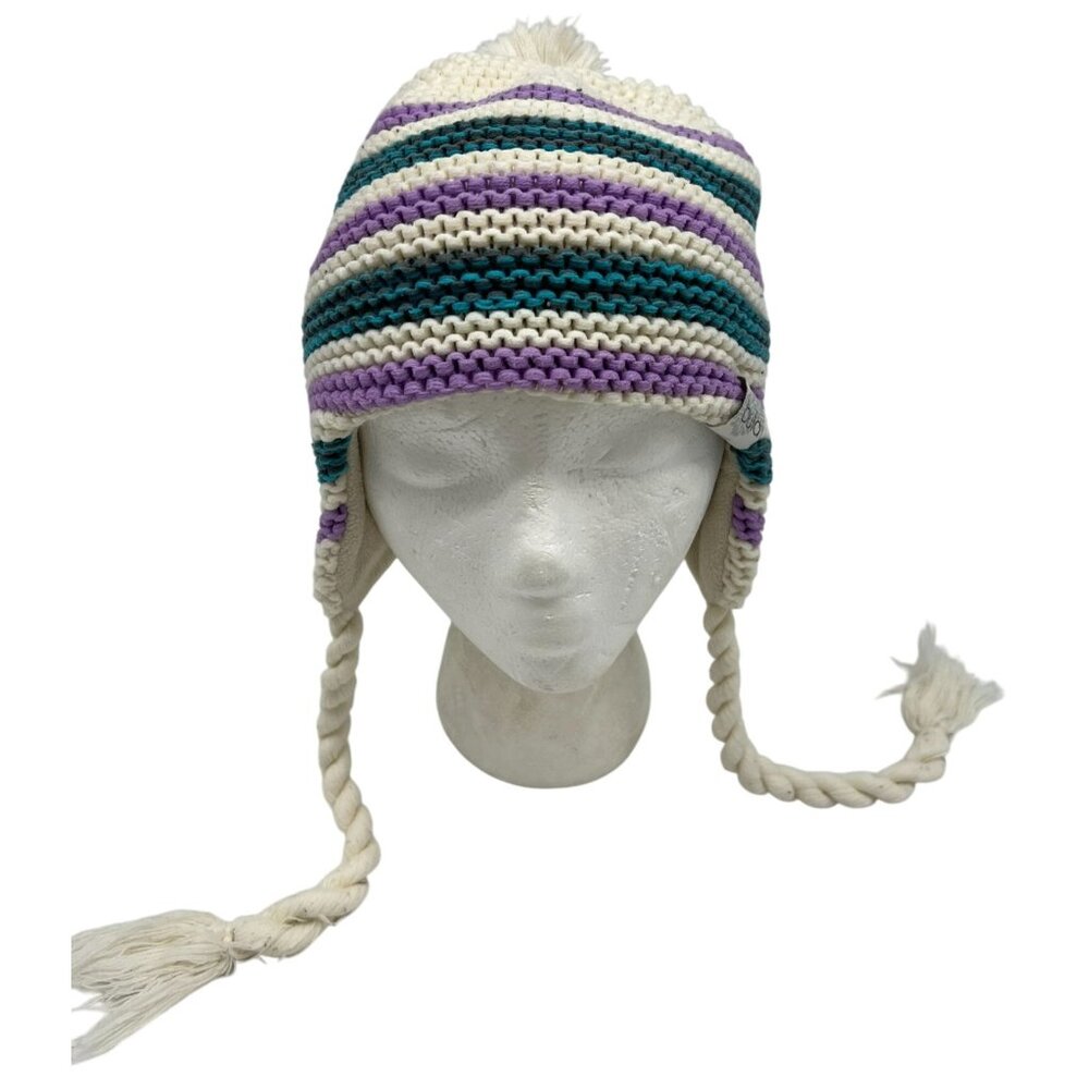 Bula Womens Earflap Beanie Hat Braided Tassels Striped Knit Acrylic Casual Cozy